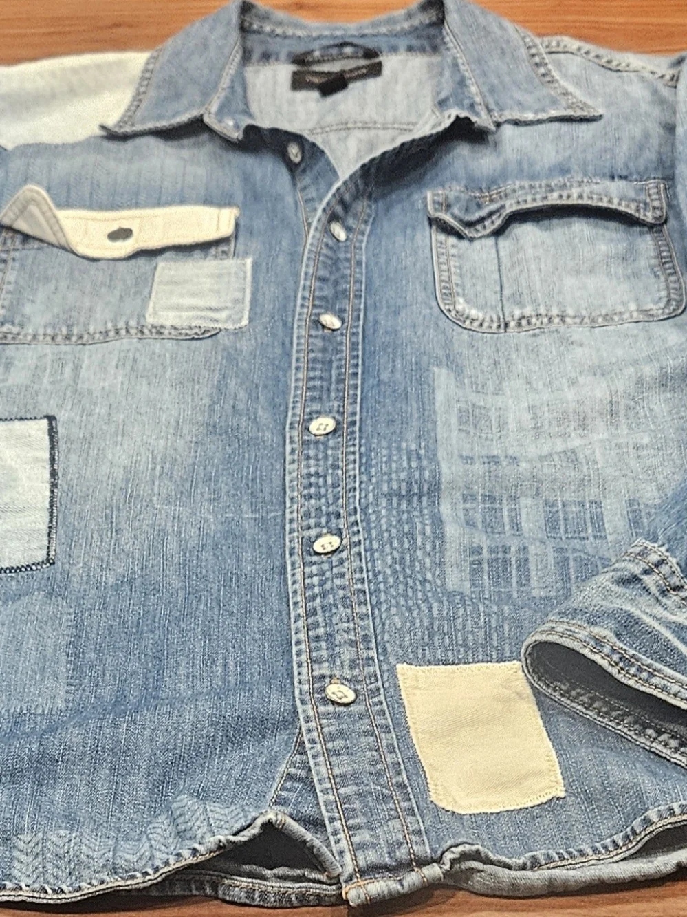True Religion Blue Patchwork Denim Shirt Slim Fit- Men M